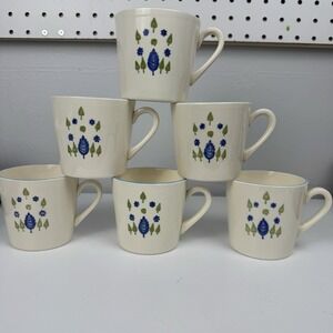 Vtg Marcrest Swiss Alpine Mug Set 6 Stoneware Blue Rim MCM
